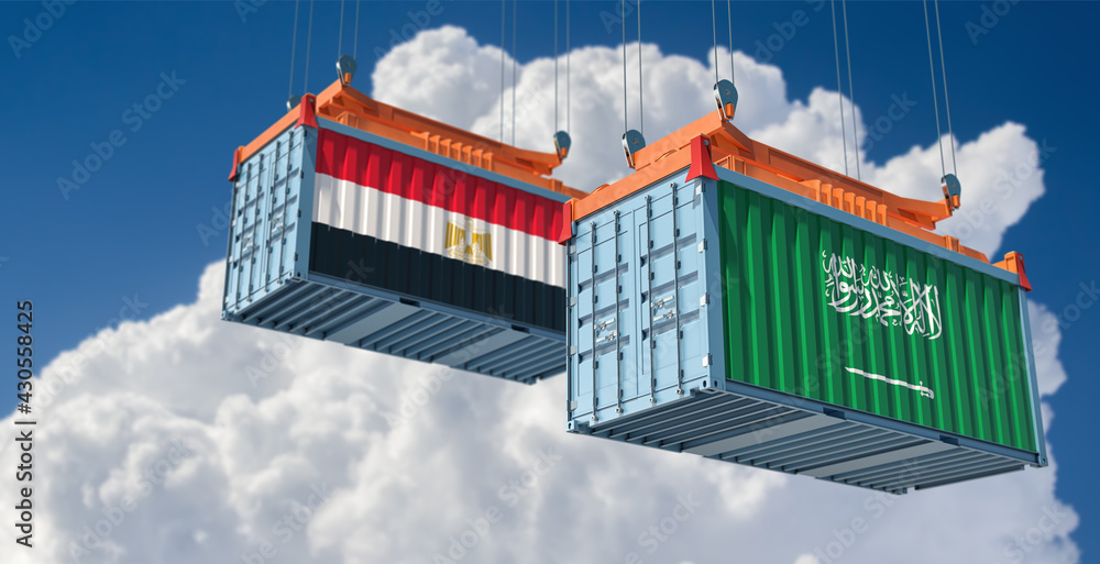 Freight containers with Egypt and Saudi Arabia national flags. 3D Rendering 