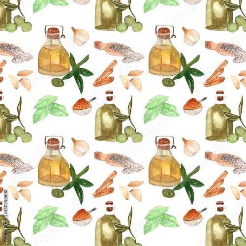 Food pattern.Olive oil,garlic,paper.Watercolor hand drawn patternisolated on white background. photo