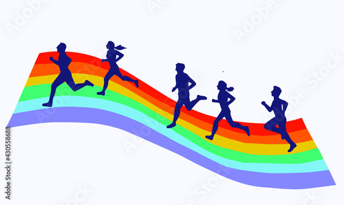 LGBTQ community concept. Athletic young people with LGBT rainbow pride flag running vector illustration drawing
