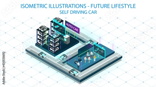 Future self drive vehicle. The Future world series of isometric illustration in detail.