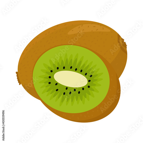 Cartoon kiwi isolated on white background. Flat cartoon vector illustration.  Food for a healthy diet, dessert. Elements for spring and summer design. Vector illustration. Vegan concept