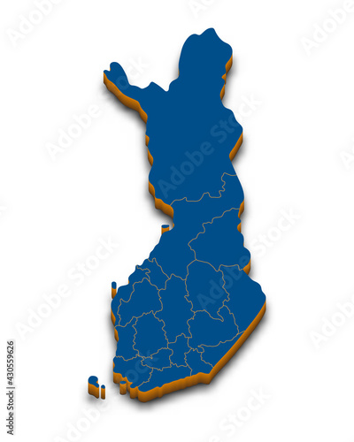 Finland map vector. High detailed administrative 3D map of Finland with dropped shadow. Vector blue isometric silhouette with administrative divisions. All isolated on white background