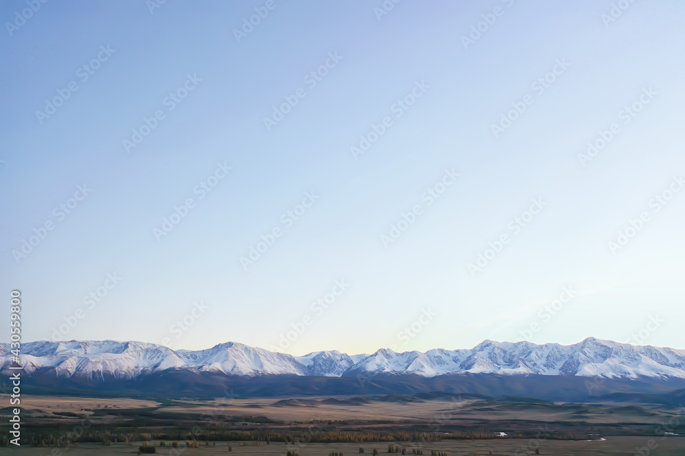 Aktru panorama of mountains altai, mountain peak summer landscape in russia