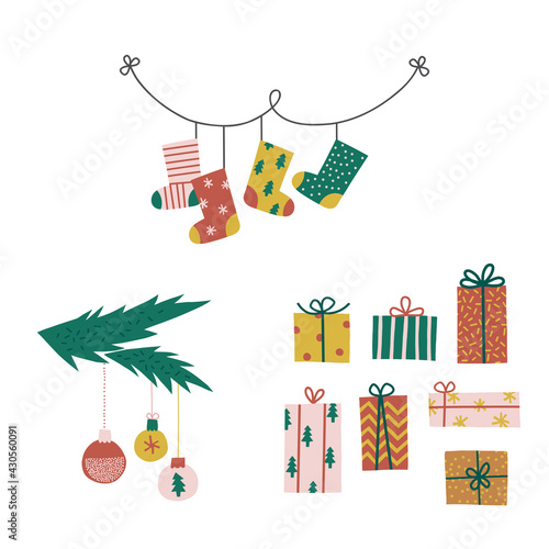 Tiny Christmas decor vector clipart set isolated on white. Christmas party decoration Santa sock Gift box Fir tree branch Toy cute elements collection. Seasonal winter holidays graphic design.