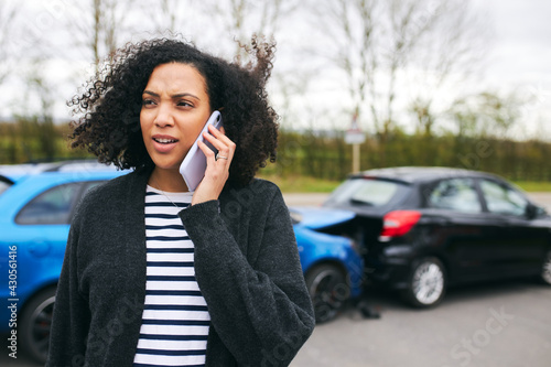 Photography Female Driver Calling Car Insurance Company On Mobile Phone After Road Traffic A