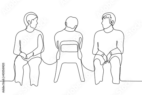 men sit one of them an outsider who is ignored by the rest - one line drawing vector. concept of toxic group, bullying, boycott, cancellation, ignoring. two men communicate, third sits with his back