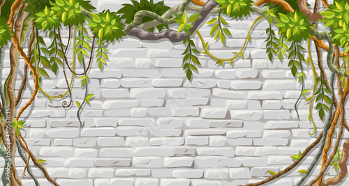 Wall, branches liana, ivy. Brickwork and plants jungle. Old shabby house facade painted white stucco. Vector isolated illustration.