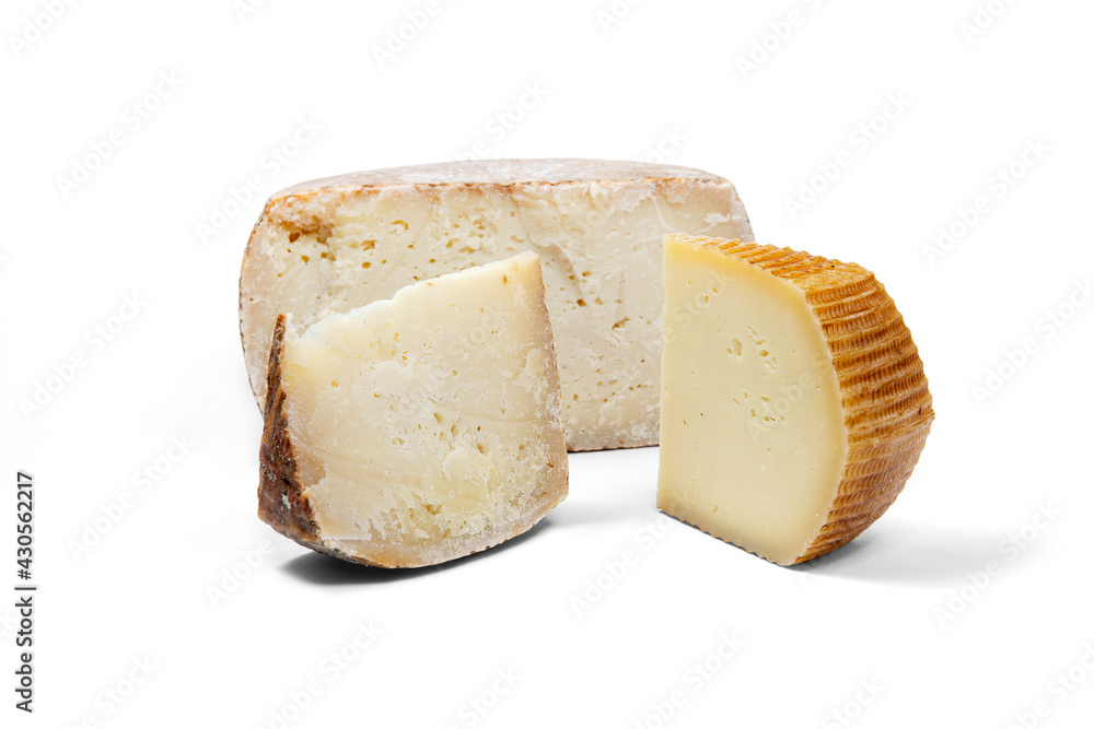 mixed of a piece of aged pecorino cheese and fresh pecorino with cheese wheel in white background