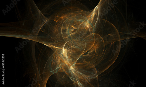 Abstract golden galaxy in far deep dark space. Black holes in perspective. Fictional digital magic illustration with glowing circles and swirls running to abyss. Great as background, cover, element.
