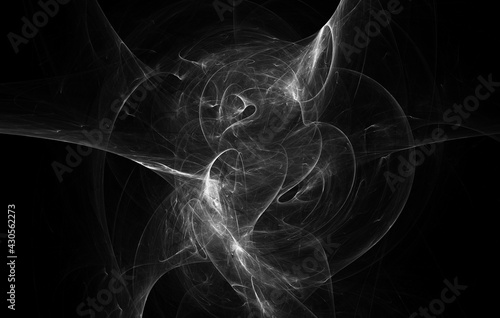 Fictional 3d smoke or white cloud rushing in dark. Circulation of smog on black. Magical spirit in minimal digital monochromatic illustration. Great as design element backdrop blank or wallpaper.