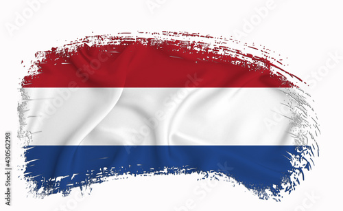 Fényképezés Netherlands flag, brush stroke, typography, lettering, logo, label, banner on a white background