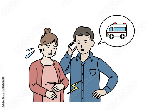 陣痛が始まる妊婦　救急車を呼ぶ　イラスト素材
