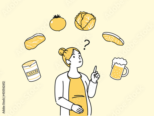 妊娠中の食生活について　食べ物　妊婦　疑問　イラスト素材