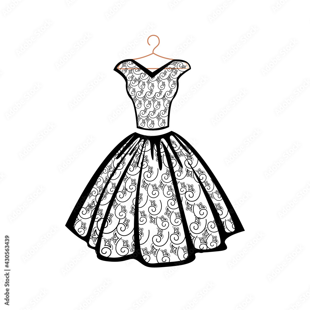 Beautiful lace dress on a hanger. Evening little black dress. Vector silhouette for decorating flyer, postcard or label Beautiful lace dress on a hanger. Evening little black dress. Vector silhouette for decorating flyer, postcard or label