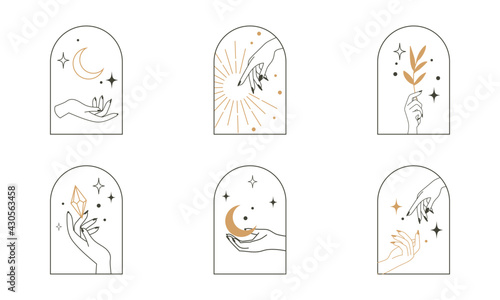 Hand logo design collection with crescent moon, leaf, and crystal element. Flat vector minimalism design