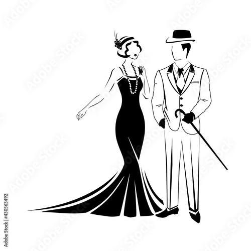 Beautiful Couple in retro evening clothes 1920. Vector silhouette of a man and a woman in vintage style drawn by lines for decorating a flyer, postcard or label