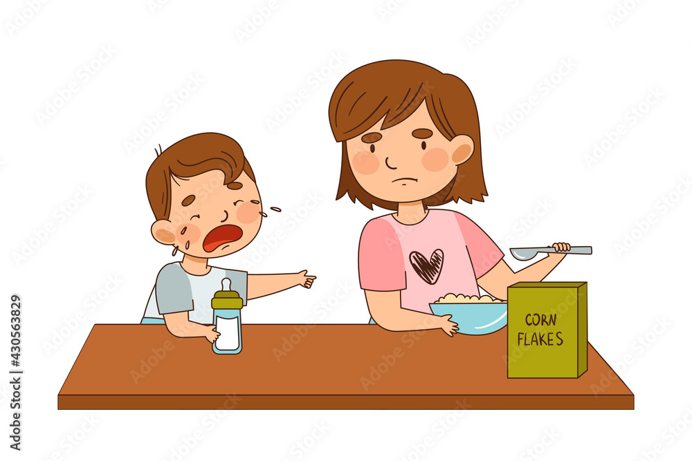 Grumpy Sister Eating Corn Flakes and Crying Little Brother with Milk Bottle Wanting the Same Vector Illustration Grumpy Sister Eating Corn Flakes and Crying Little Brother with Milk Bottle Wanting the Same Vector Illustration
