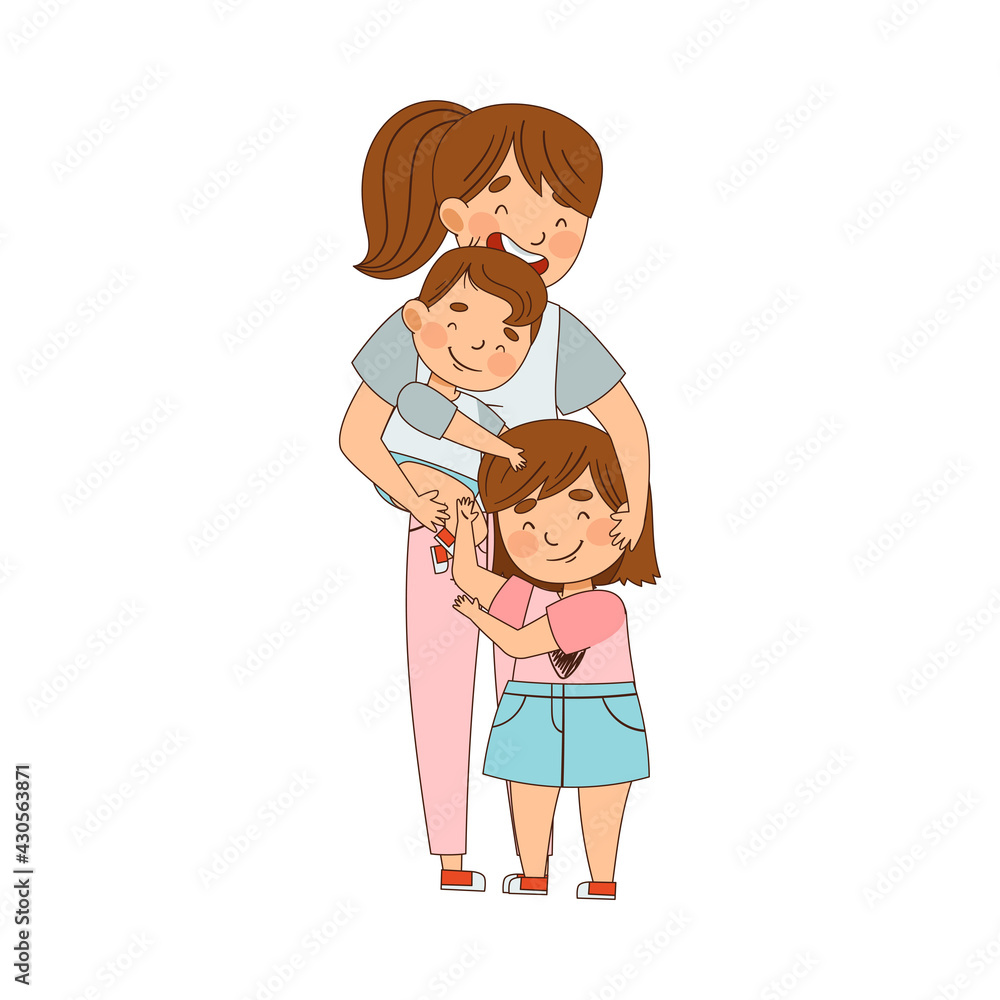 Young Mother Embracing Her Kids as Family Relations Vector Illustration Young Mother Embracing Her Kids as Family Relations Vector Illustration