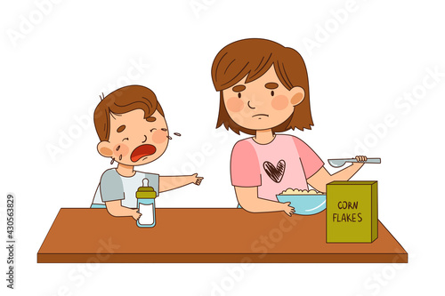 Grumpy Sister Eating Corn Flakes and Crying Little Brother with Milk Bottle Wanting the Same Vector Illustration
