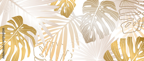 Gold Tropical leaves background vector. Wallpaper design with golden line art texture from palm leaves, Jungle leaves, monstera leaf, exotic botanical floral pattern.
