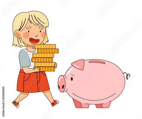 Little Blond Girl Carrying Pile of Coins in Piggy Bank Vector Illustration