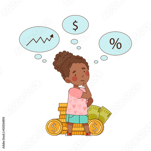 Little African American Girl with Pile of Money Behind Doing Mental Arithmetic Vector Illustration