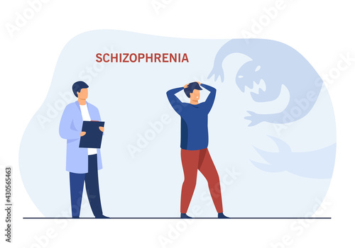 Patient with schizophrenia in therapy session. Cartoon character with mental disease hallucinating flat vector illustration. Mental health concept for banner, website design or landing web page