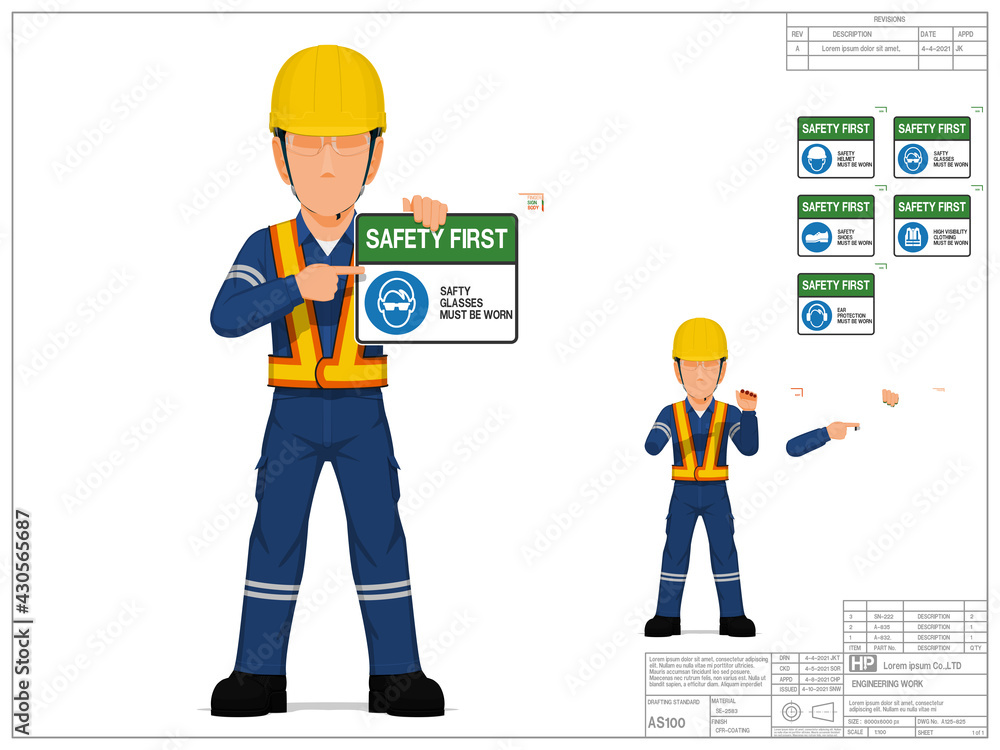 Set of industrial worker is presenting safety sign on white background Set of industrial worker is presenting safety sign on white background