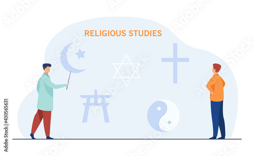 Professor pointing at religious symbols. Cartoon characters studying religion, lecture on theology flat vector illustration. Religion, education concept for banner, website design or landing web page