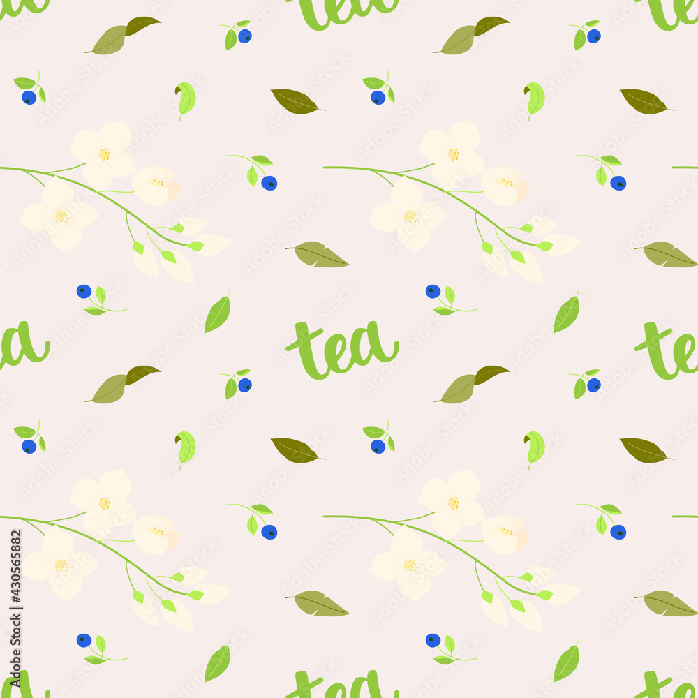 Seamless pattern with brush hand-drawn word - tea, jasmine branch and tea leaves. For prints, backgrounds, wrapping paper, textile, wallpaper, etc. 