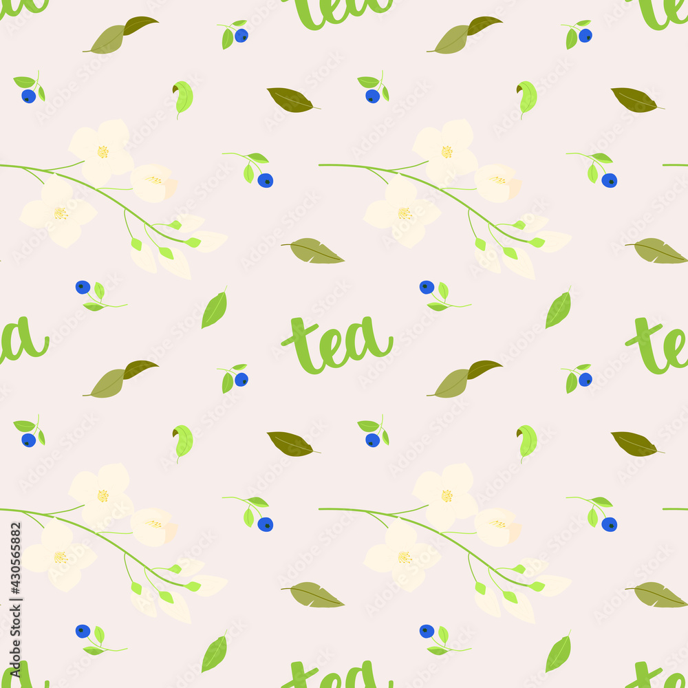 Seamless pattern with brush hand-drawn word - tea, jasmine branch and tea leaves. For prints, backgrounds, wrapping paper, textile, wallpaper, etc. Seamless pattern with brush hand-drawn word - tea, jasmine branch and tea leaves. For prints, backgrounds, wrapping paper, textile, wallpaper, etc.