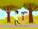 Young man and woman jogging in park together doing fitness. People running and doing sports outdoors sunny day. Characters spend time in city garden against background of green trees summertime