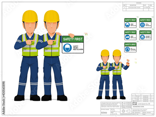 Two industrial workers-hold safety sign (blue)