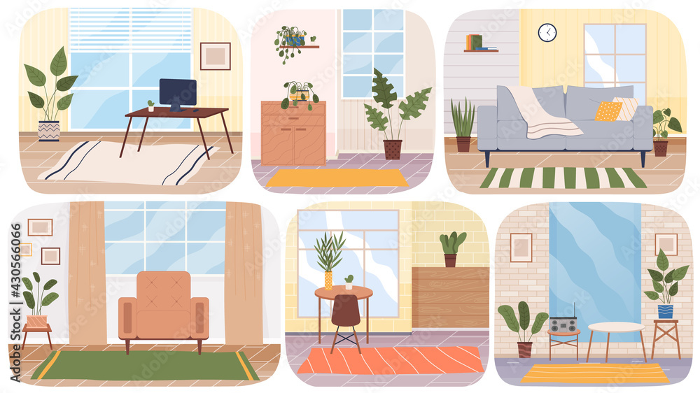 Set of illustrations about arrangement of furniture at home. Room decoration with design elements. Apartment interior vector illustration. Rooms with large panoramic windows, furniture and plants