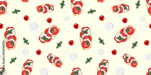 Seamless pattern with tomato, mozzarella sandwiches on yellow background. For textile, paper, packaging. Vector pattern.
