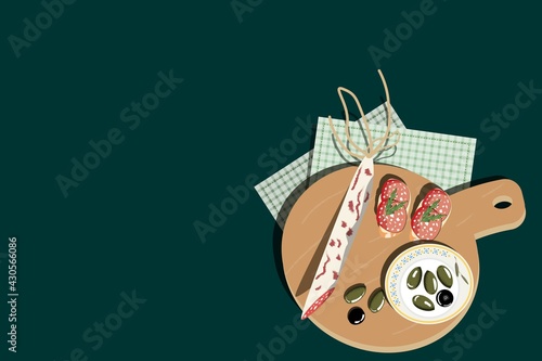 Sandwich with mini tomatoes on a cutting board. Bruschetta illustration. Vector illustration.