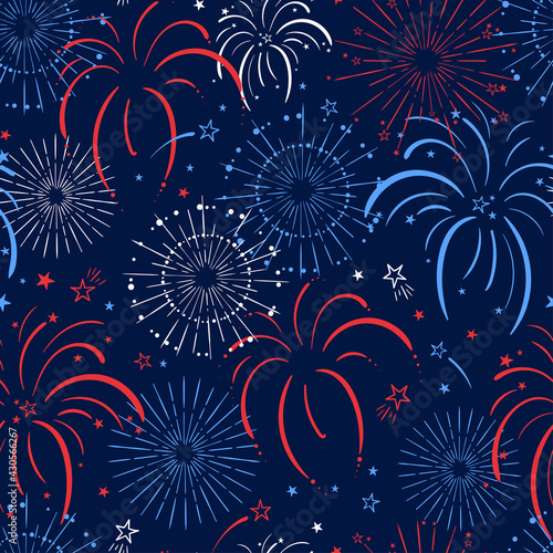 Fun hand drawn firework seamless pattern in red, blue white colors, party background, great for Independence day, fabrics, banners, wallpapers, wrapping - vector design