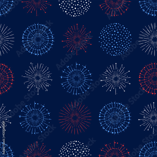 Fun hand drawn firework seamless pattern in red, blue white colors, party background, great for Independence day, fabrics, banners, wallpapers, wrapping - vector design