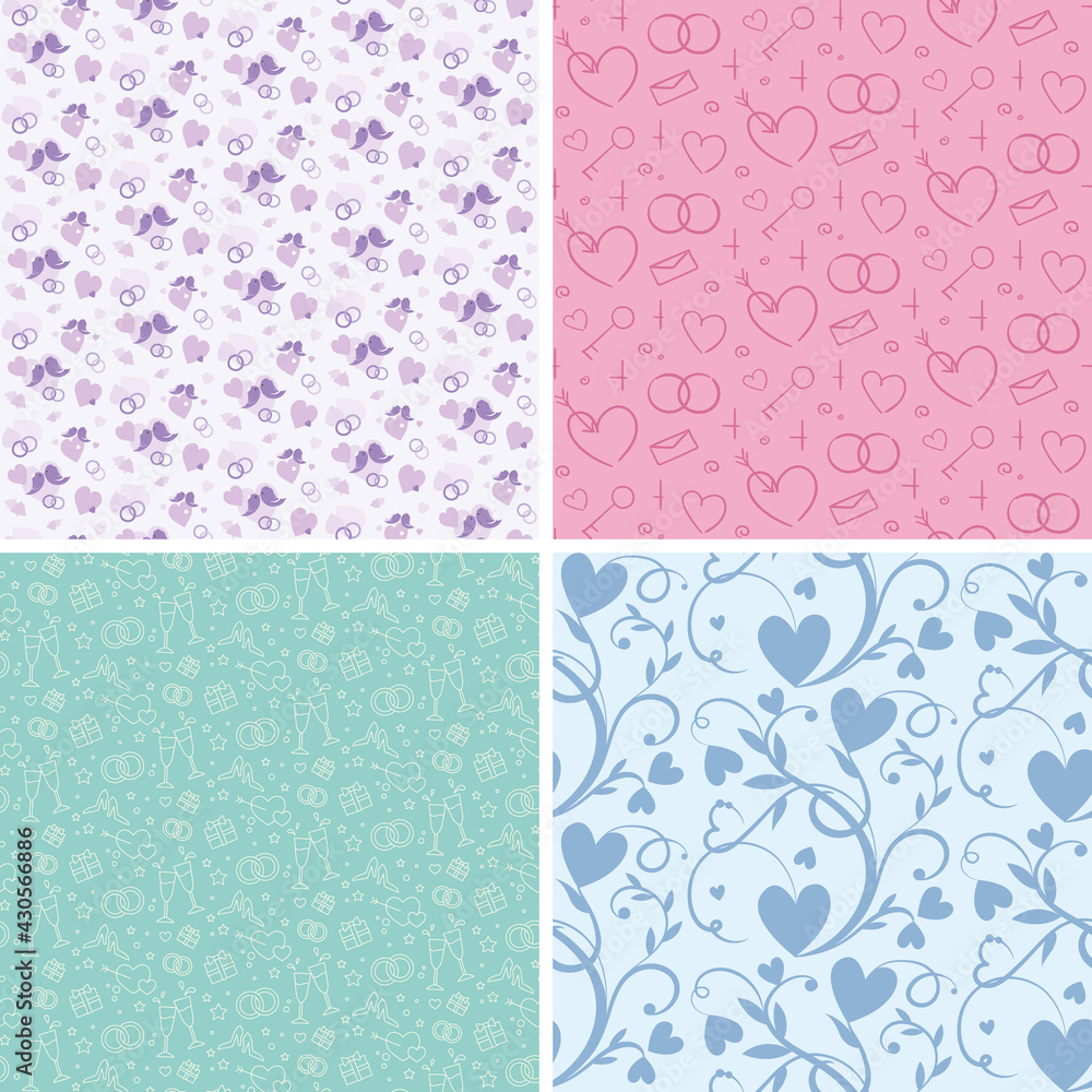 Set of seamless patterns with wedding symbols. Beautiful textures in different styles.