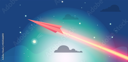 Flying airplane with luminous air route on dark background. Aircraft flies and leaves bright glowing light. Paper airplane launch to outer space with planets and comets. Vector design with aircraft