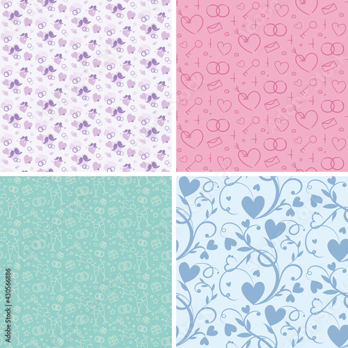 Set of seamless patterns with wedding symbols. Beautiful textures in different styles.