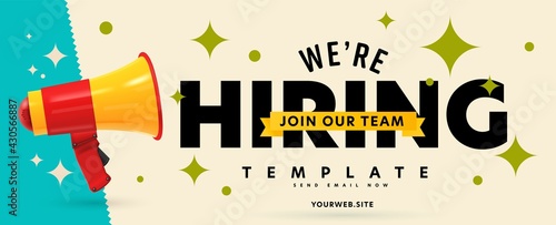 Hiring announcement and internet marketing loudspeaker promo. Job sicker notification and alert about vacancy. Header banner template with headhunting campaign advert vector illustration