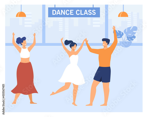 Happy couple in dance class. Cartoon characters dancing, learning moves, teacher instructing flat vector illustration. Dance class or studio concept for banner, website design or landing web page