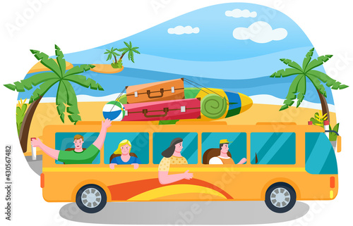 Car summer trip vector illustration. Happy people on holidays. Traveler bus on background of coastline. Tourism around world concept. Friends come by truck to summer resort. Characters going on tour