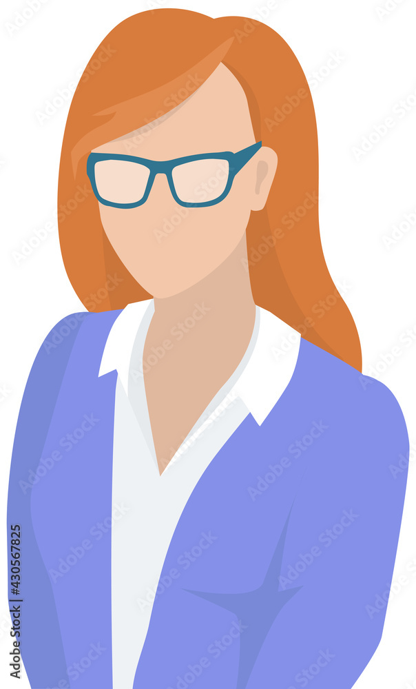 Businesswoman wearing in business clothes. Vector illustration of woman in an office outfit isolated on white. Female character teacher or manager avatar. Secretary in half height icon business person