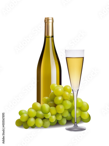 Bottle and glass of white wine with a bunch of grapes. 3d vector illustration