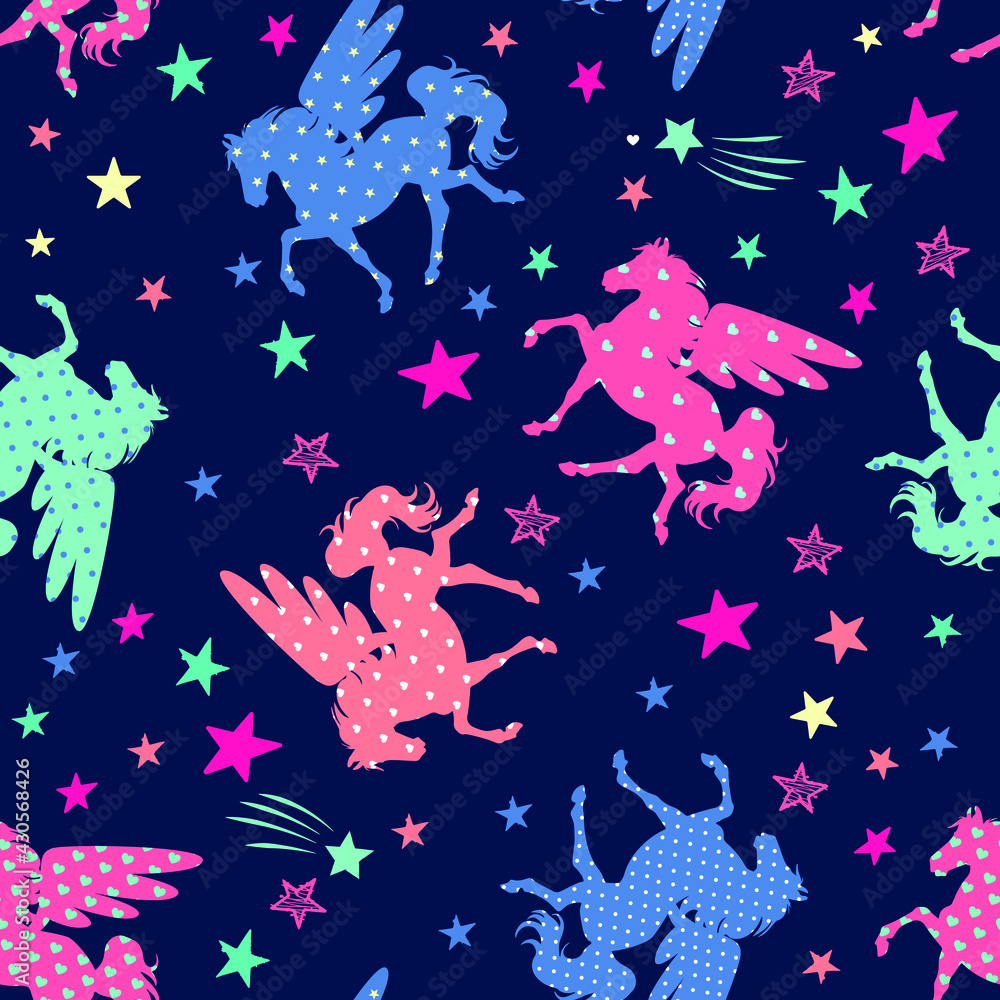 cute pattern with stars and unicorns.
pattern for girls.Creative  background for textile, prints, paper products, the Web. 