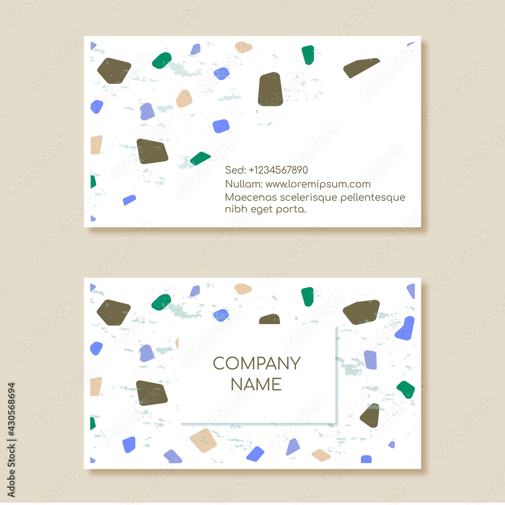 Set of business cards with front and back sides template with terrazzo mosaic background. Sample text. 
