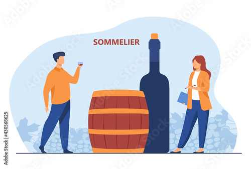Sommelier tasting red wine. Cartoon expert with wineglass in hand, female staff, bottle, barrel flat vector illustration. Winery, sommelier concept for banner, website design or landing web page