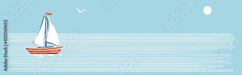 Horizontal banner. Illustration in a marine retro minimalist style. A white sailboat on white stripes of water with a blue background.